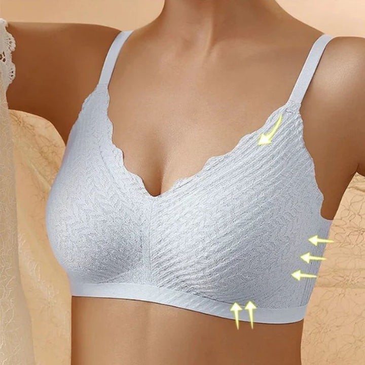 Woman wearing a seamless wireless comfort bra, perfect everyday support lingerie for all-day wear.