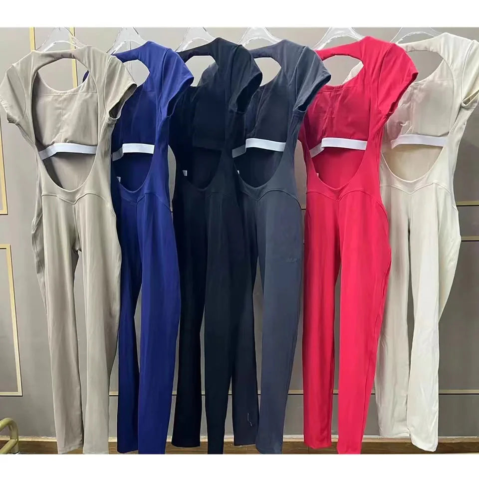 Woman in a seamless yoga jumpsuit, showcasing flexibility & comfort for activewear & workout sessions.