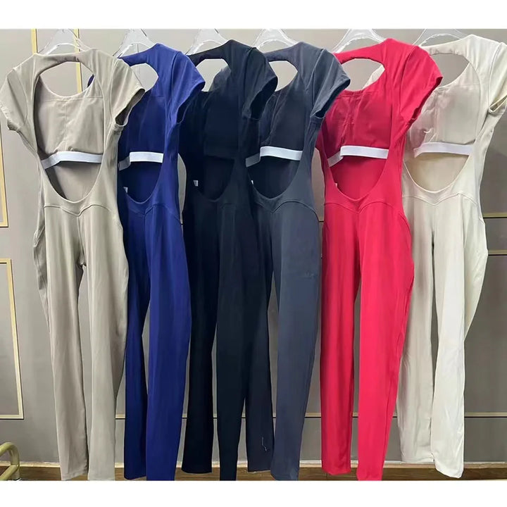 Woman in a seamless yoga jumpsuit, showcasing flexibility & comfort for activewear & workout sessions.