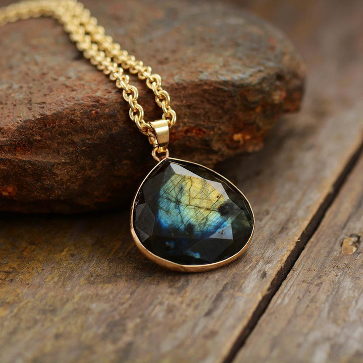 Women's Selene Labradorite Aura Necklace, a mystical gemstone for spiritual protection and intuition.