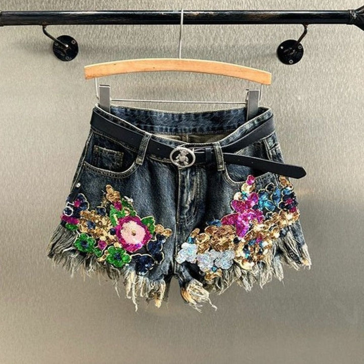 Women's sequin floral embellished shorts, a stylish and trendy choice for summer parties and vacation outfits.