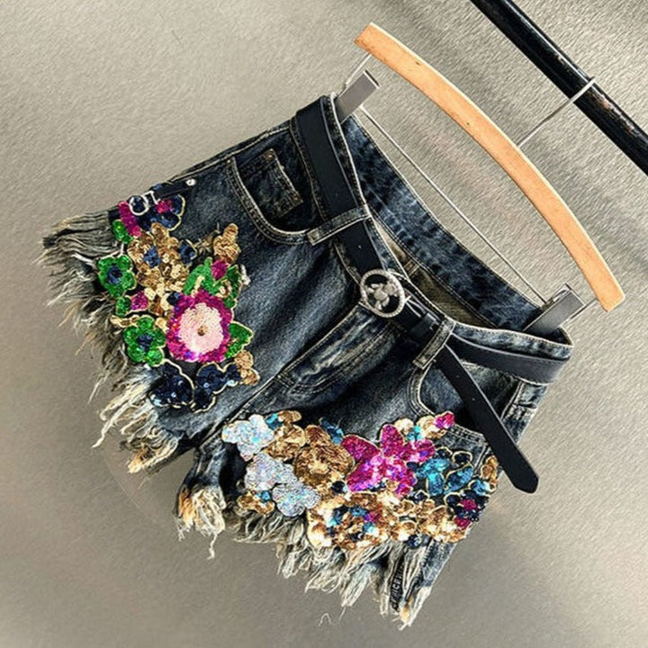 Fashion-forward women's sequin floral shorts, comfortable and eye-catching for any stylish festive event.