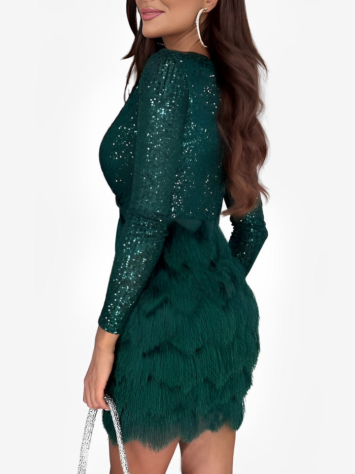 Homecoming long sleeve sequin mini dress for women, dazzling fringe & stylish wrap design.