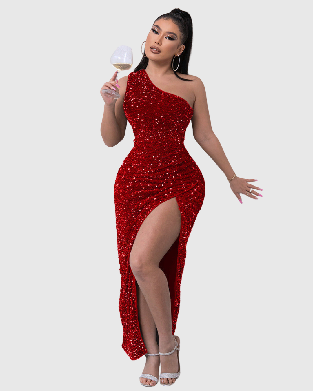 Shimmering sequin one-shoulder mermaid dress for women, a stunning formal or party occasion gown.