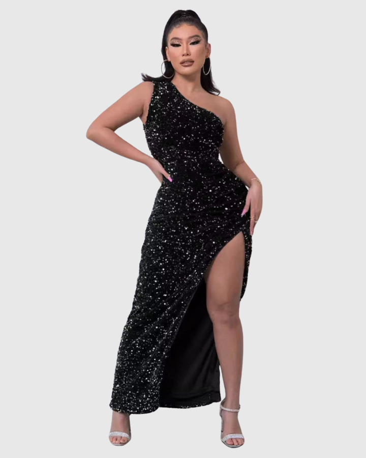 Chic women's sequin one-shoulder mermaid silhouette dress, ideal for homecoming or evening parties.