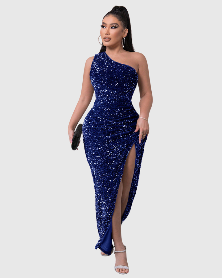 Glamorous women's one-shoulder sequin mermaid dress, perfect for a dazzling homecoming or prom night.