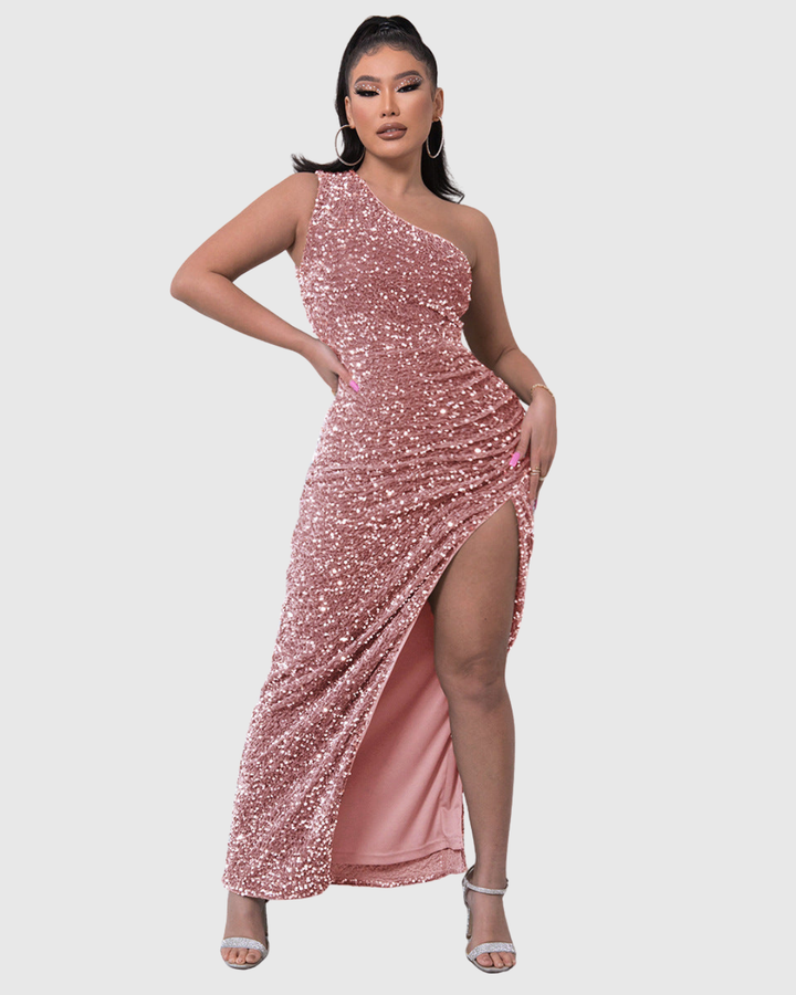 Women's sequined one-shoulder mermaid formal dress, ideal for homecoming, prom, or special events.