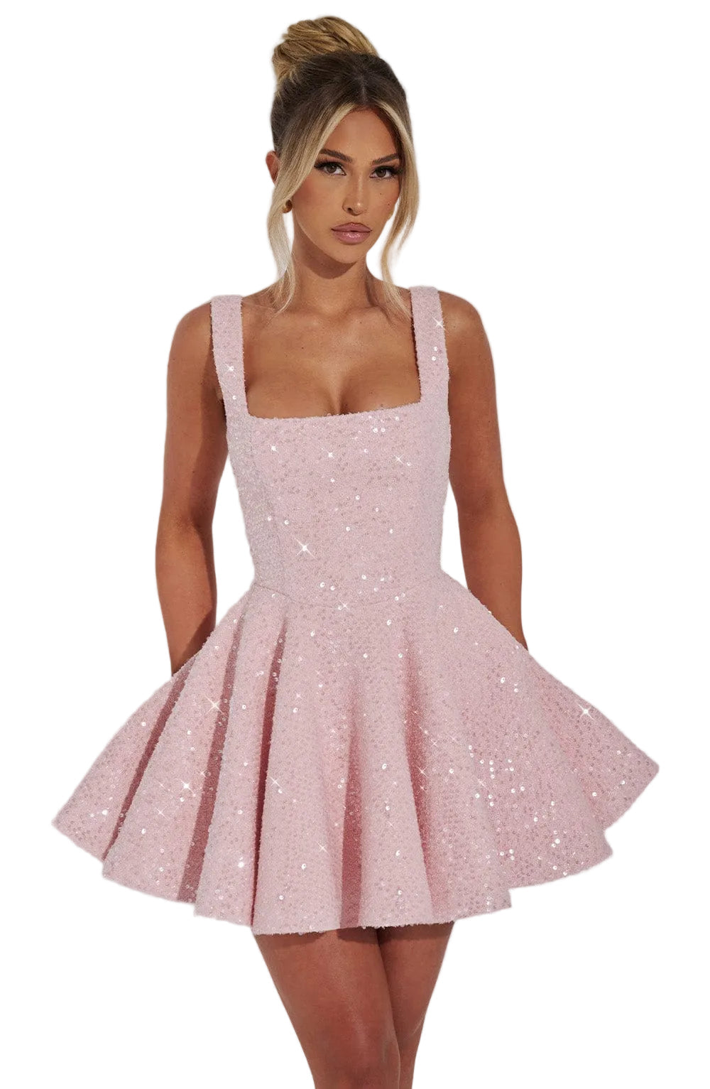 Women's sequin skater homecoming dress with a bow, perfect for parties & special occasions.