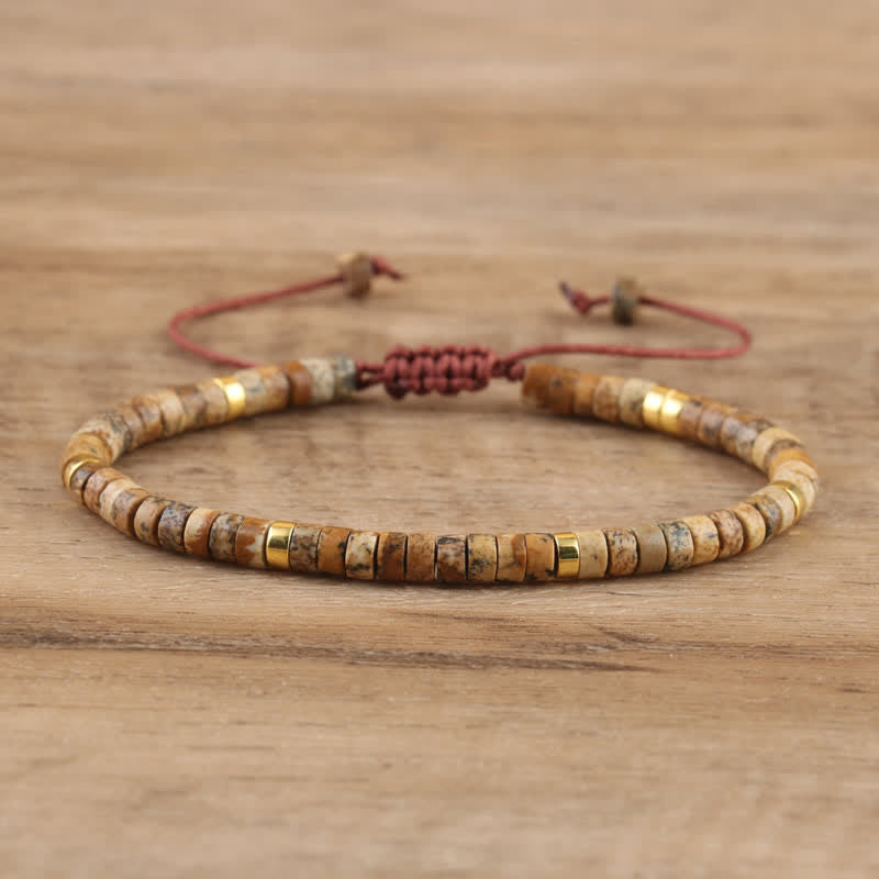 Close-up of Seraphina women's bracelet, showing braided detail & 2.4mm natural stone rollers.