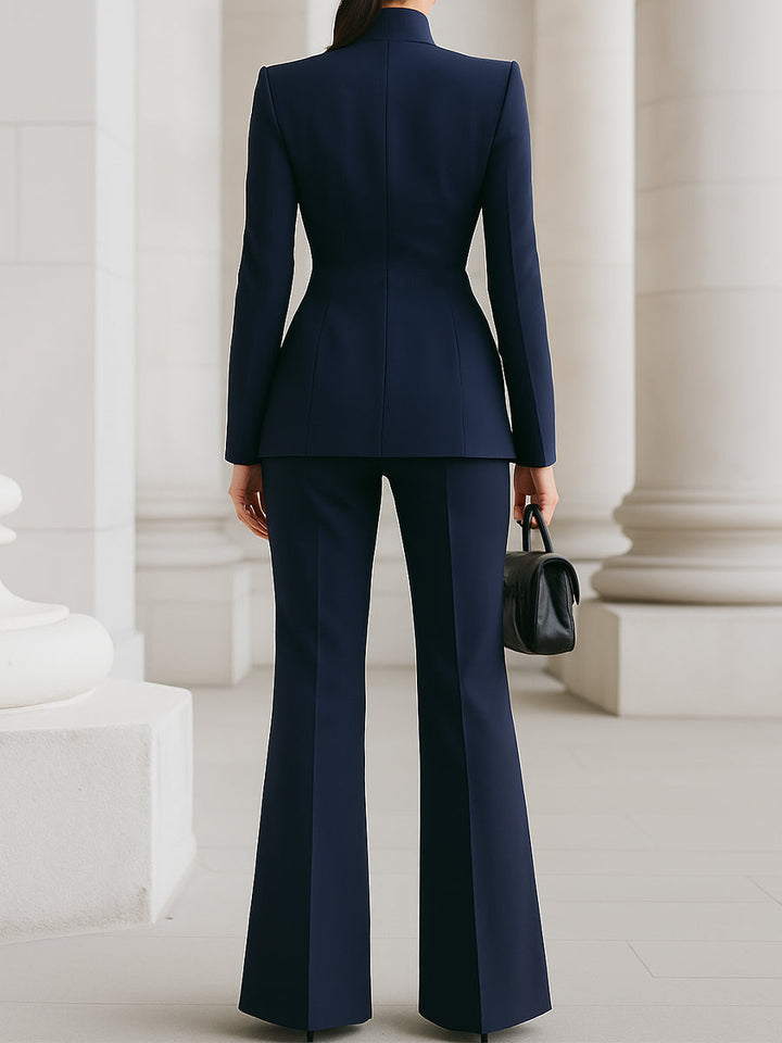 Professional women's suit featuring a sleek tailored blazer and comfortable trousers for versatile styling.
