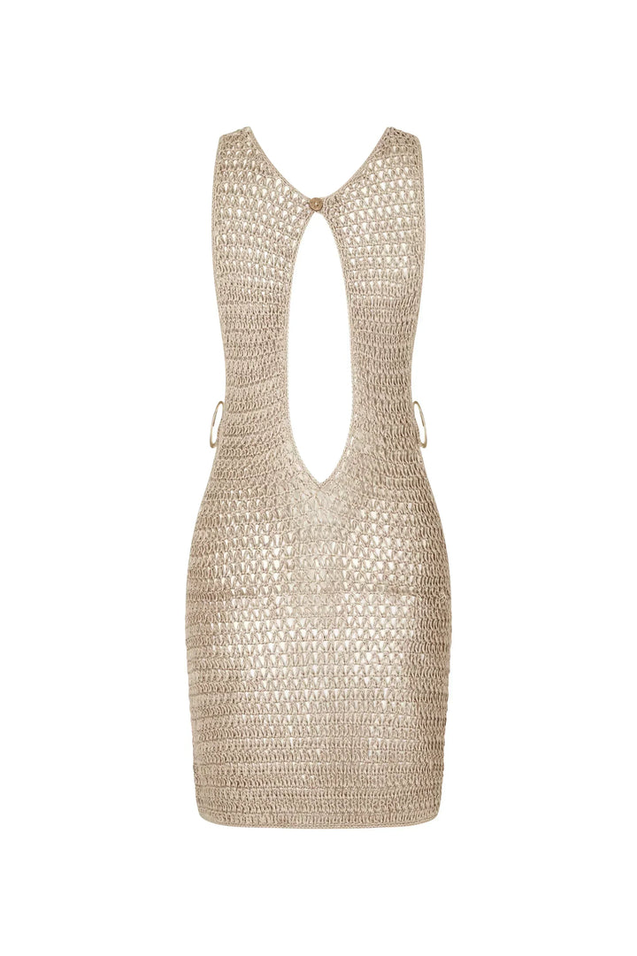 Beige knitted sheer beach dress for women. Airy fabric, perfect mini cover-up for summer holidays.