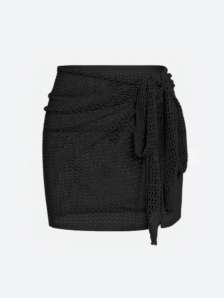 Adjustable women's sheer mesh cover up skirt. High-slit design for summer beachwear.