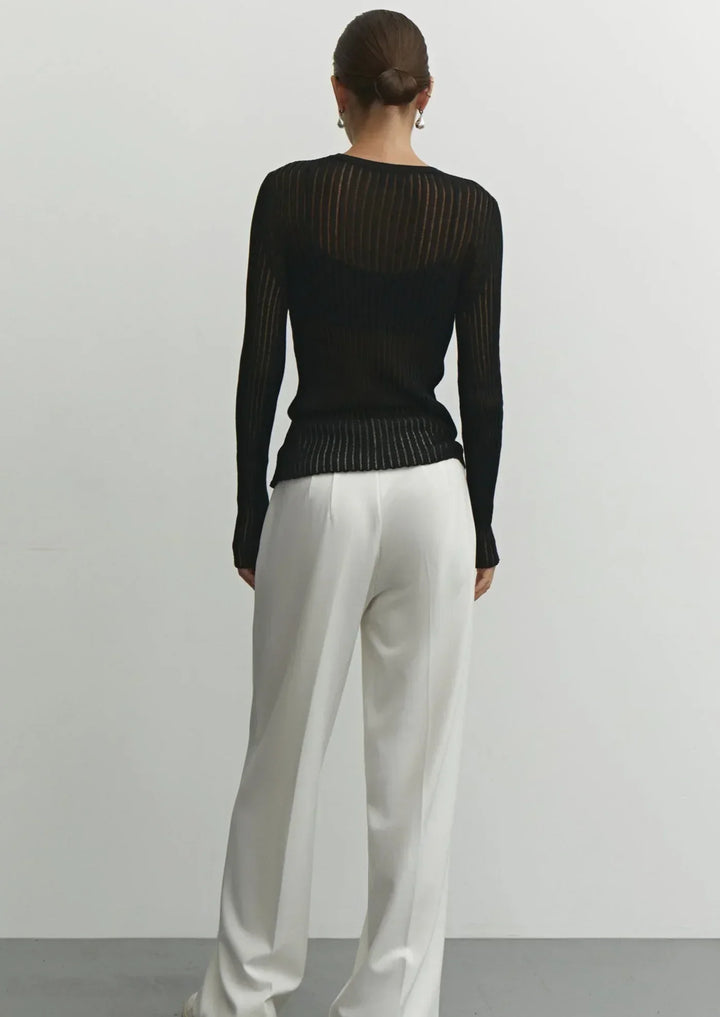 Black sheer ribbed long sleeve top for women. Versatile, dressy or casual, a fashion-forward essential.