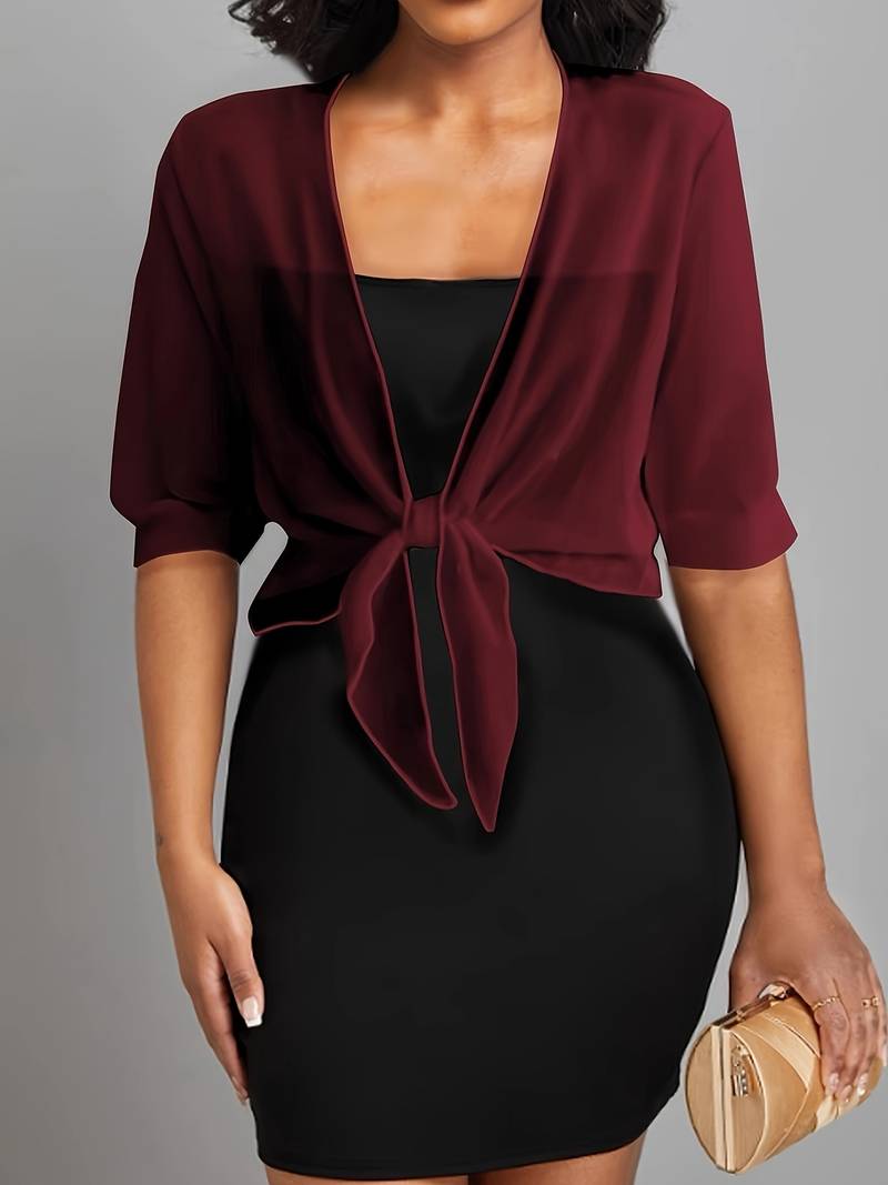 Chic women's sheer tie-front bolero, cropped and versatile for elegant layering over any outfit.