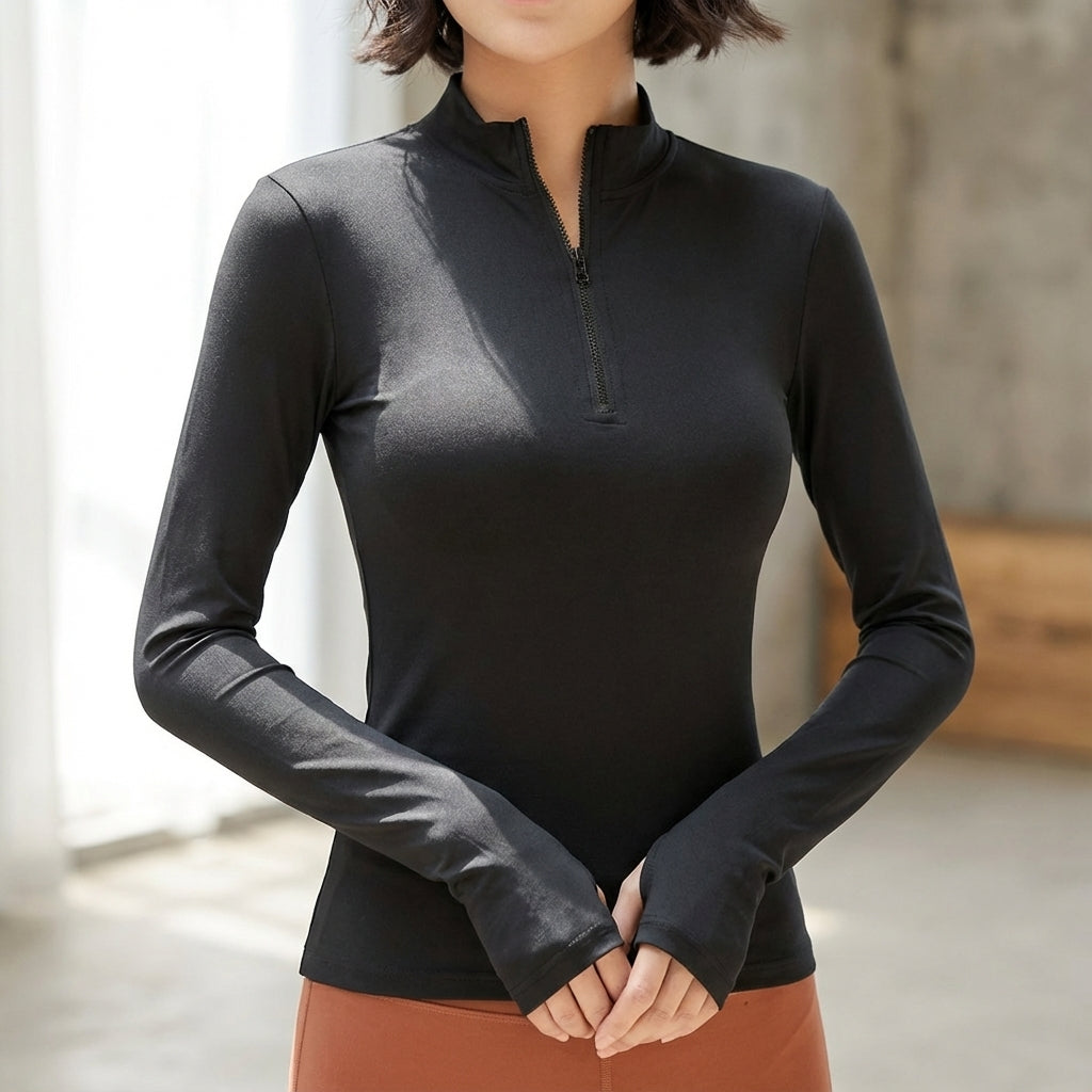Women's Shelby half-zip cotton blend long sleeve shirt in white, front view, perfect for spring athletic wear.
