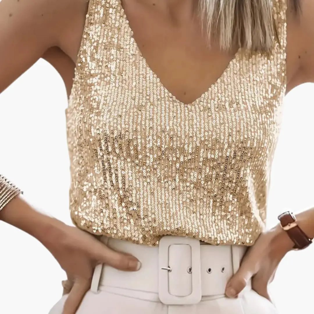 Casual elegant women's sequin tank top with a round neck. Shimmering sleeveless design for versatile party wear.
