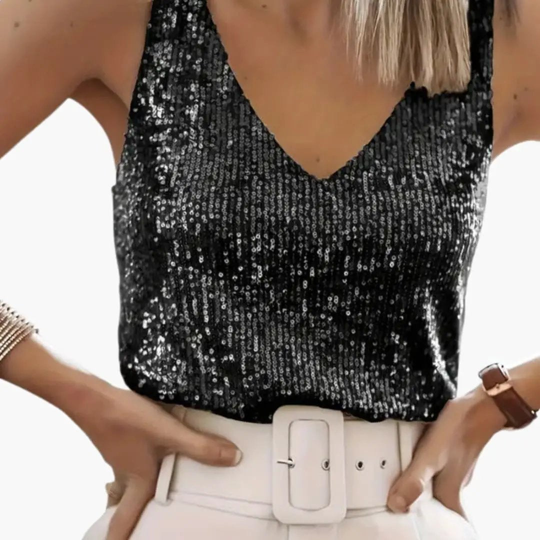 Sparkle in this women's sequin tank top. Round neck, shimmery design for evening or versatile party wear.