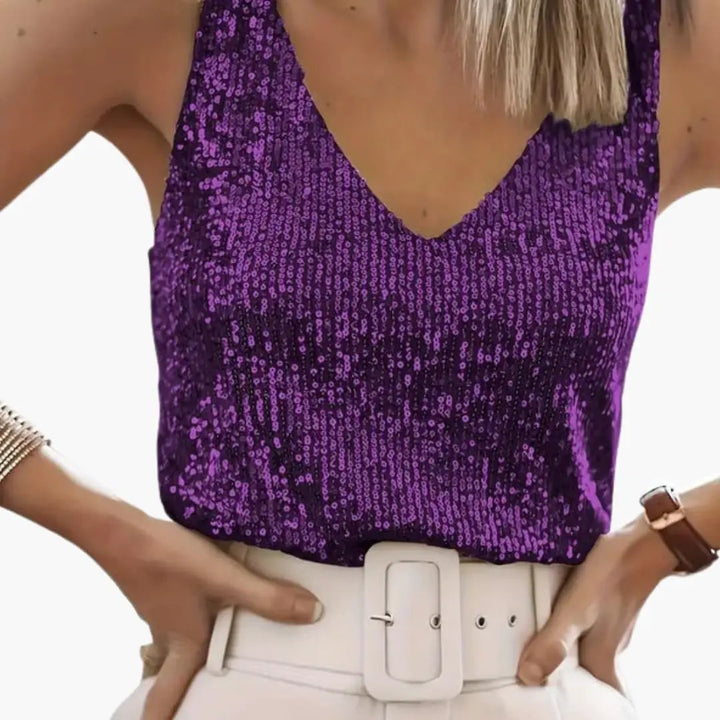 Effortless round neck sequin tank top for women. Shimmering party wear or chic casual elegant summer style.