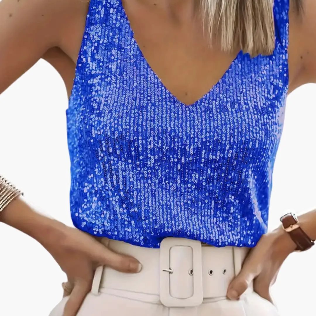 Dazzling women's shimmer sequin tank top. Round neck, sleeveless design, ideal for evening events.