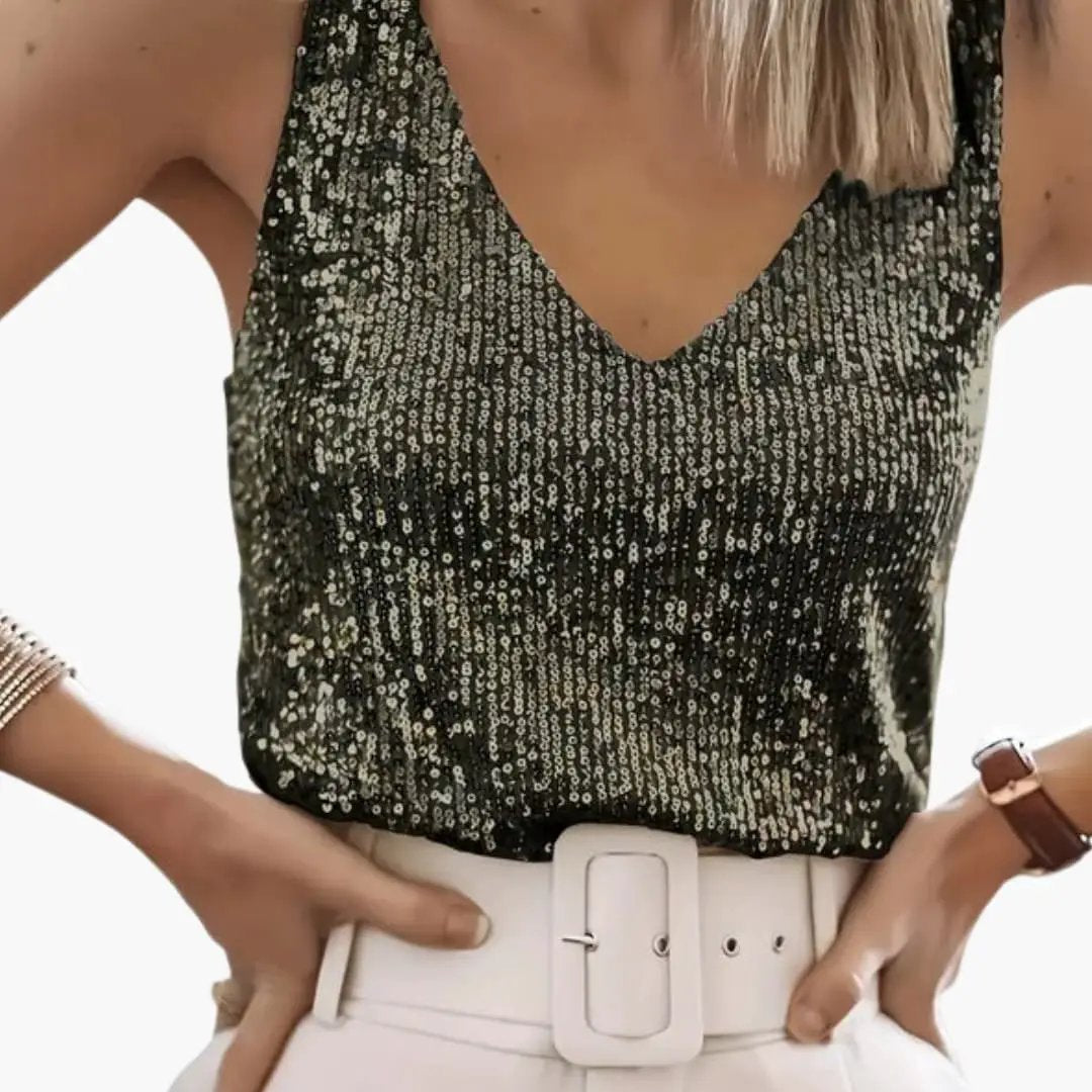 Women's hip-length shimmer sequin tank top. Round neck, sleeveless. Great for parties & summer evenings.