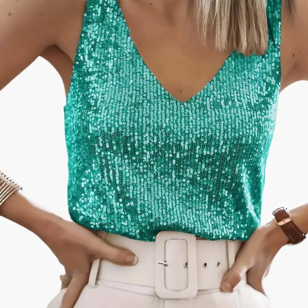 Women's round neck shimmer sequin tank top. Sleeveless party wear, perfect for a sparkling summer look.