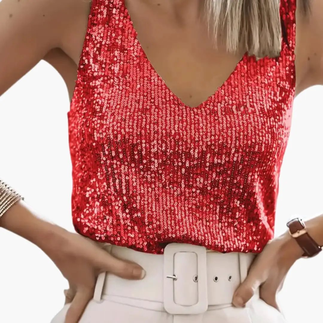 Elegant women's evening top: round neck shimmer sequin tank. Sleeveless and sparkling for special occasions.