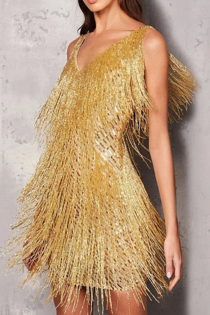 Stunning women's celebration wear A-line dress, featuring sparkling shimmer and playful fringe accents.