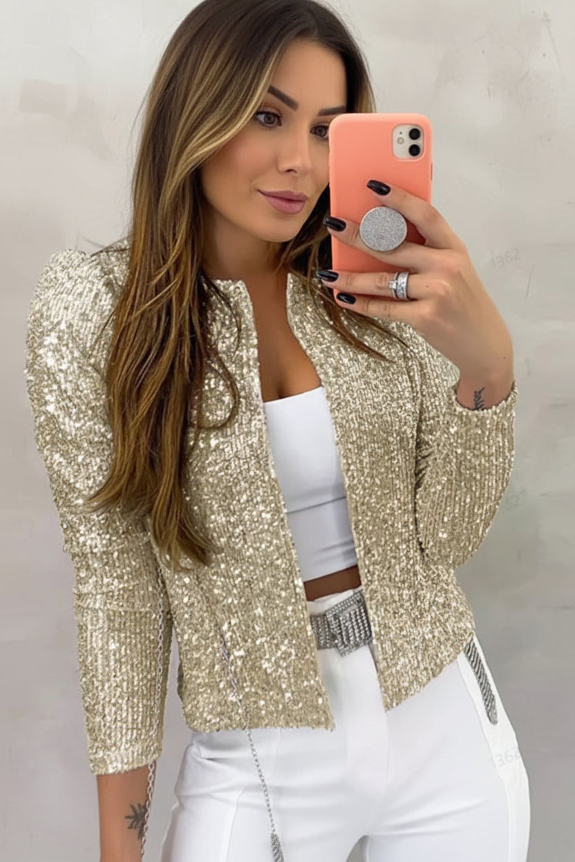 Women's shimmering open front blazer. Elegant, tailored fit for evening wear, special occasions & parties.