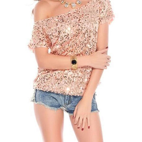 Women's shimmering sequin off-shoulder t-shirt, perfect for summer nights & parties