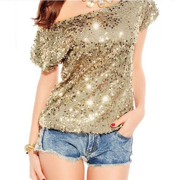 Sparkling women's off-shoulder t-shirt with all-over sequins, a glittery and trendy party top