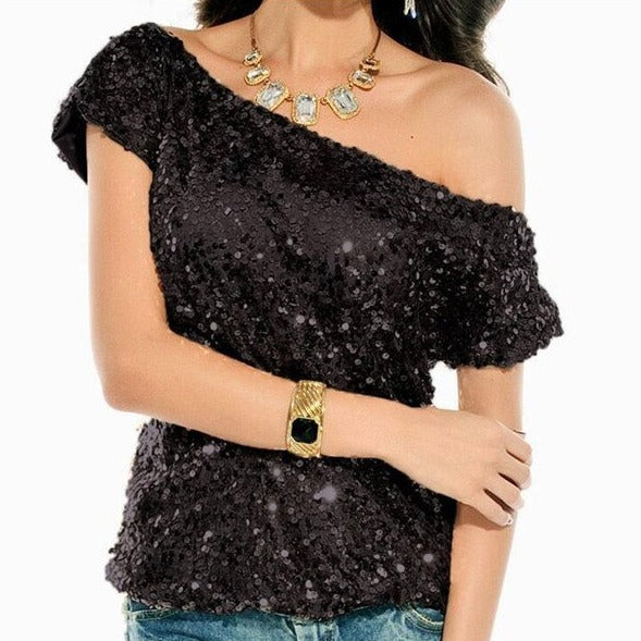 Stylish women's sequin short-sleeve top, off-shoulder design for a chic summer evening look