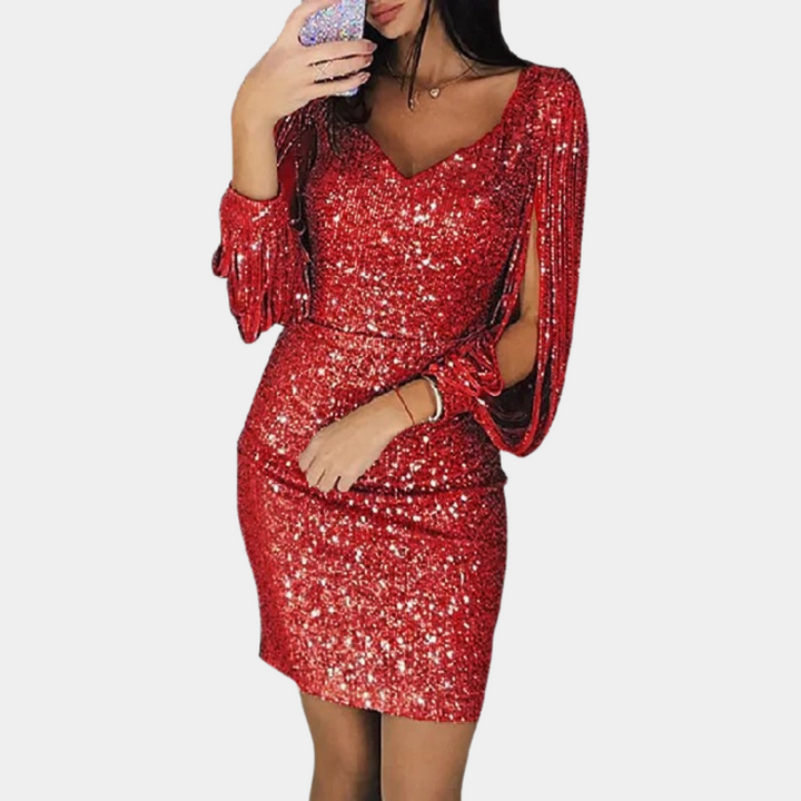 Glamorous women's sequin V-neck cocktail dress, featuring sparkling shimmer and elegant sleeves.