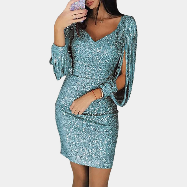 Elegant women's long sleeve sequin party dress with a stylish V-neck and shimmering design.