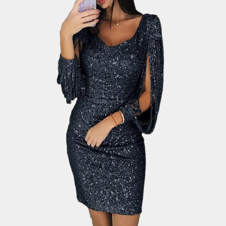 Sparkling women's sequin V-neck dress with elegant long sleeves, a glamorous formalwear option.