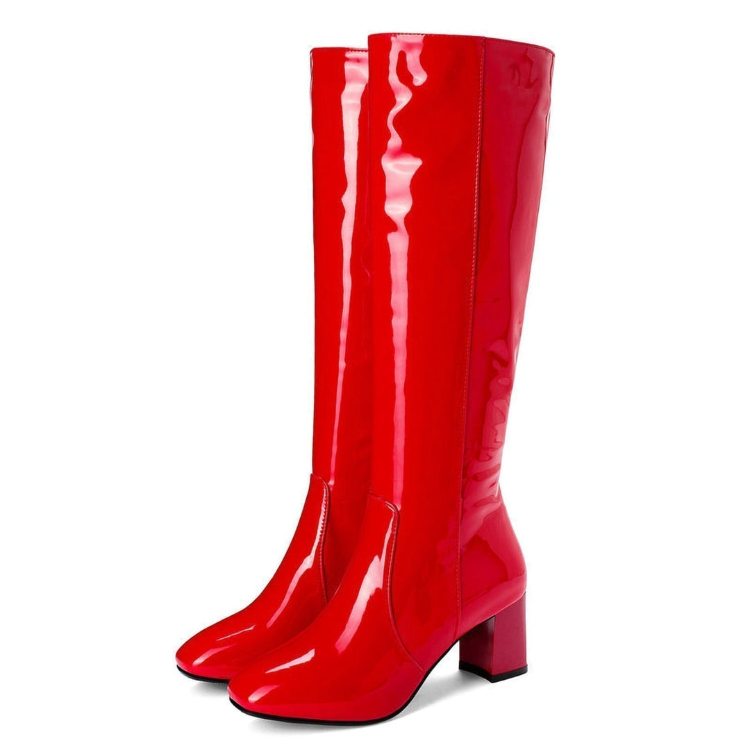 Fashionable women's shiny black round toe knee boots with a block heel for a sleek look.