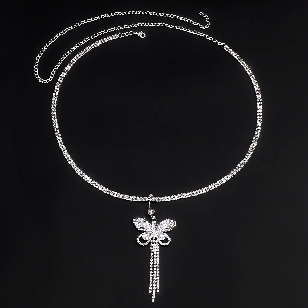 Elegant women's butterfly body chain with rhinestones, a fashionable statement jewelry accessory.