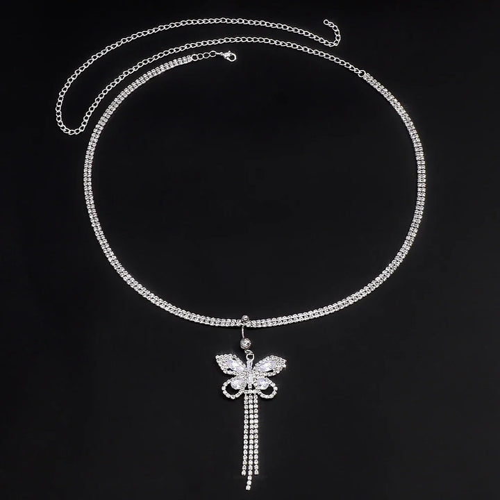 Elegant women's butterfly body chain with rhinestones, a fashionable statement jewelry accessory.