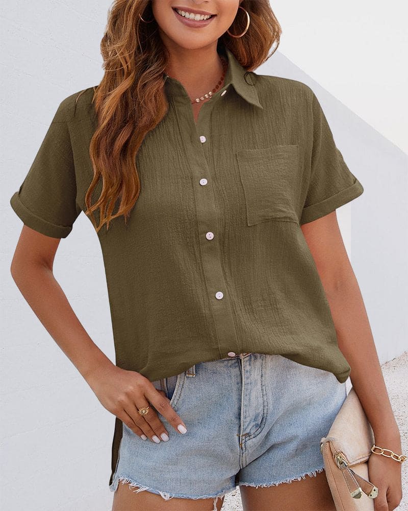 Fashionable women's short sleeve button-down blouse, a classic versatile top for office or summer style.