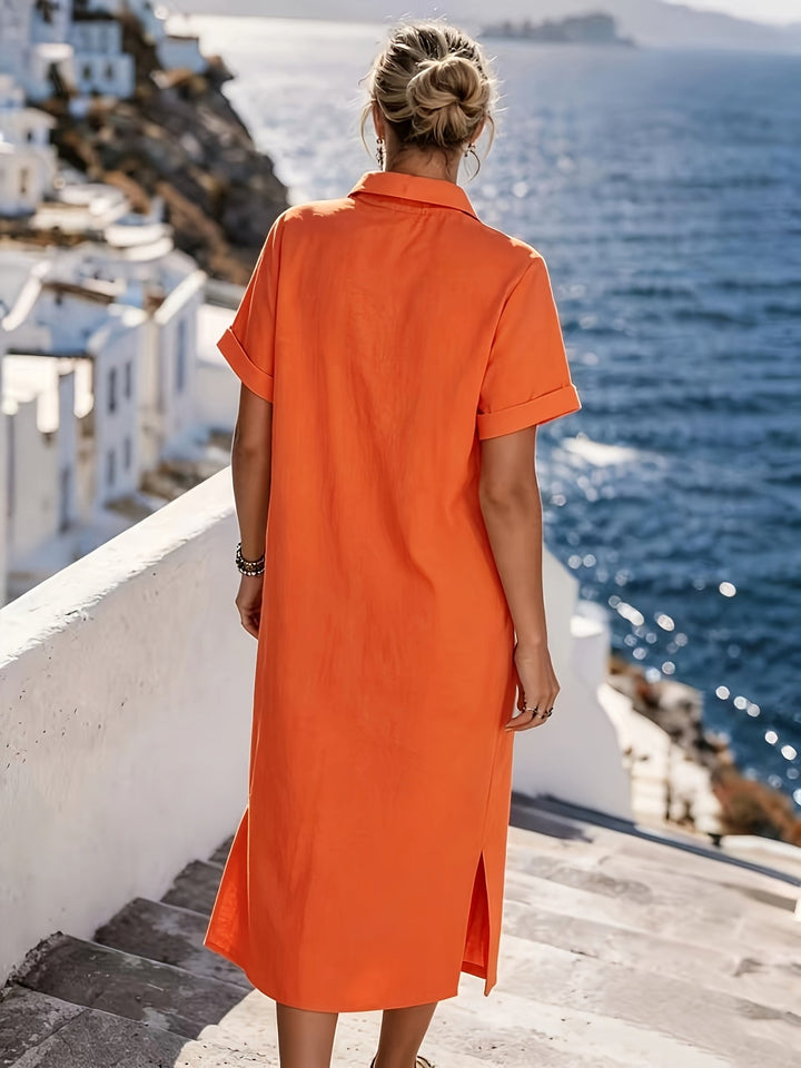 Comfortable women's casual midi vacation dress with short sleeves, ideal for warm weather.