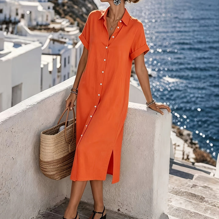 Close-up of the button-front detail on a women's stylish summer vacation dress.
