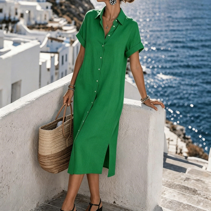 Fashionable women's short sleeve button-up dress, blending comfort and elegance for any occasion.