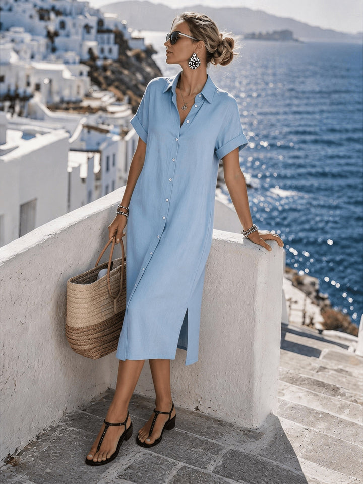 Casual women's short sleeve vacation dress; comfortable & elegant for everyday chic.