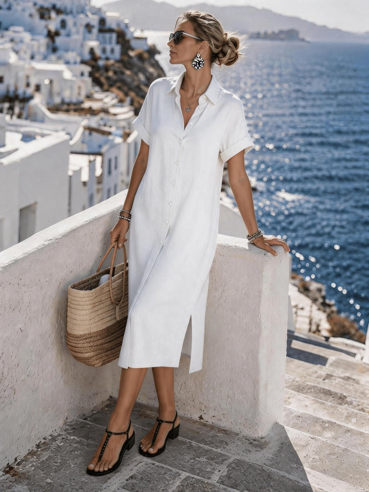 Travel-ready women's button-front midi dress, ideal for summer adventures and comfort.