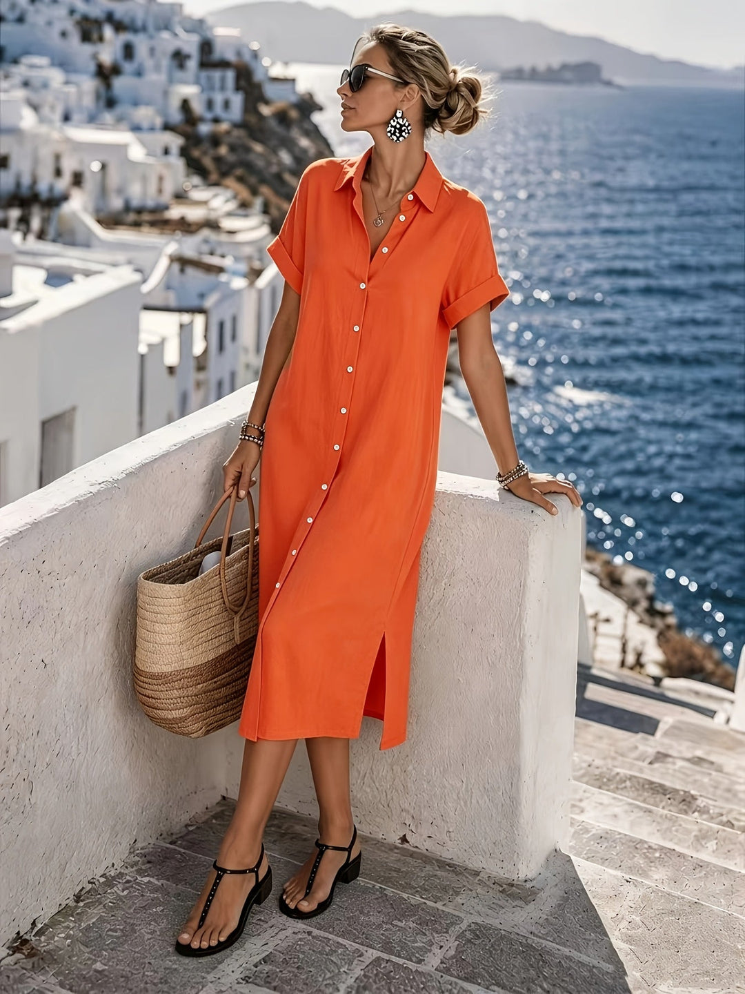 Elegant women's short sleeve shirt dress, versatile for beach holidays or city exploration.