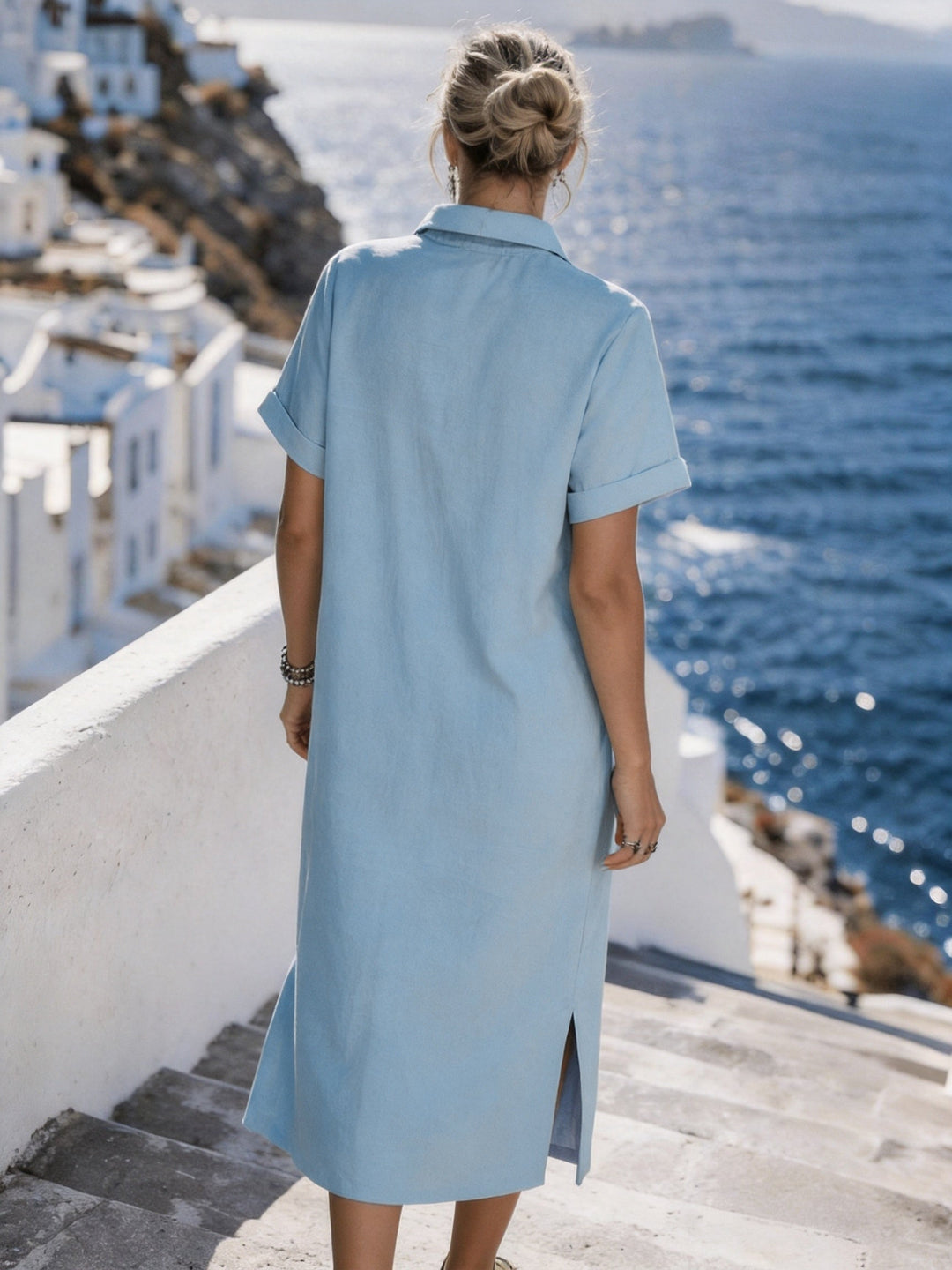 Women's everyday chic shirt dress, featuring a practical button-front and short sleeves.
