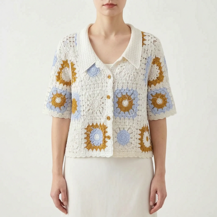 Comfortable women's short-sleeve crochet cardigan, featuring a lightweight open-knit and elegant geometric pattern.