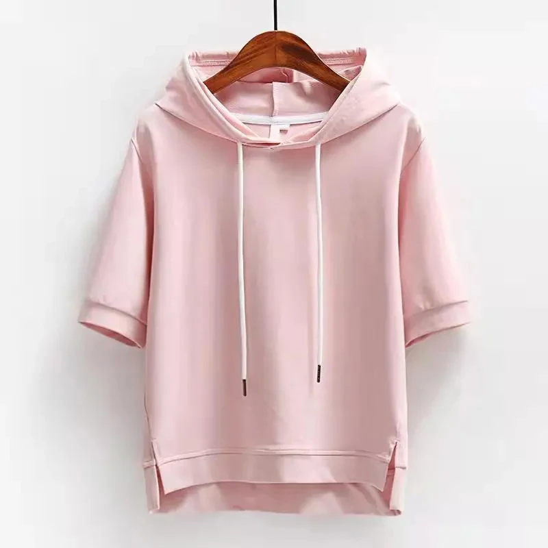 Women's short-sleeve hoodie in relaxed fit, perfect for modern casual wear & spring fashion.