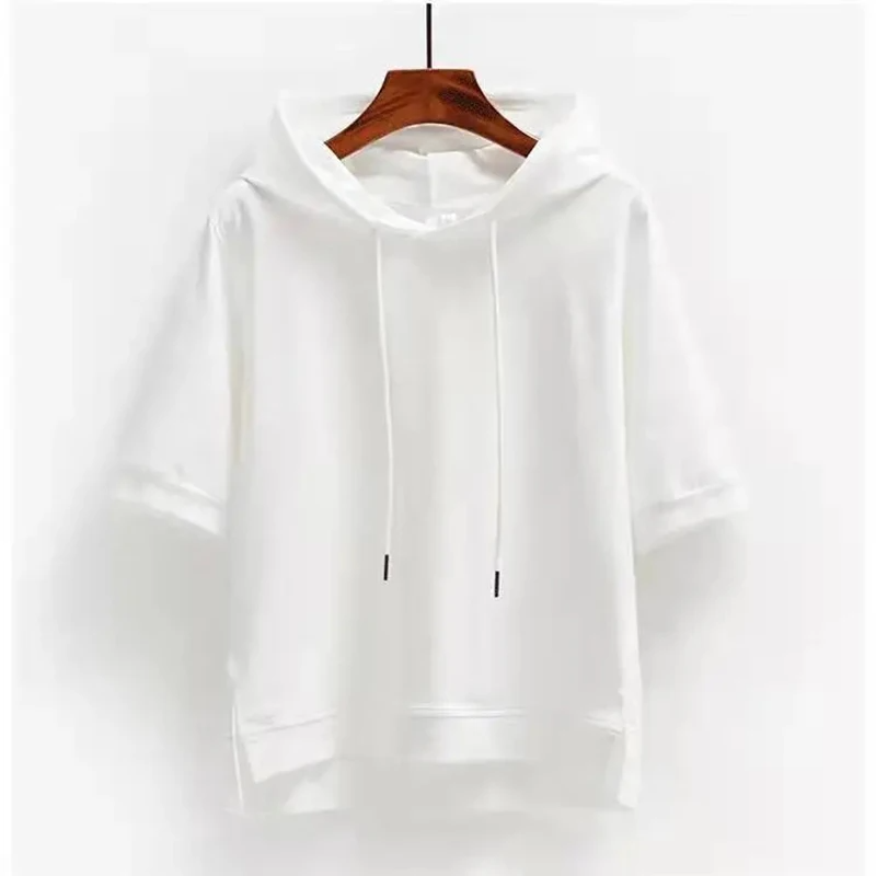 Comfortable women's short-sleeve hoodie, ideal for loungewear, athleisure, or everyday summer style.