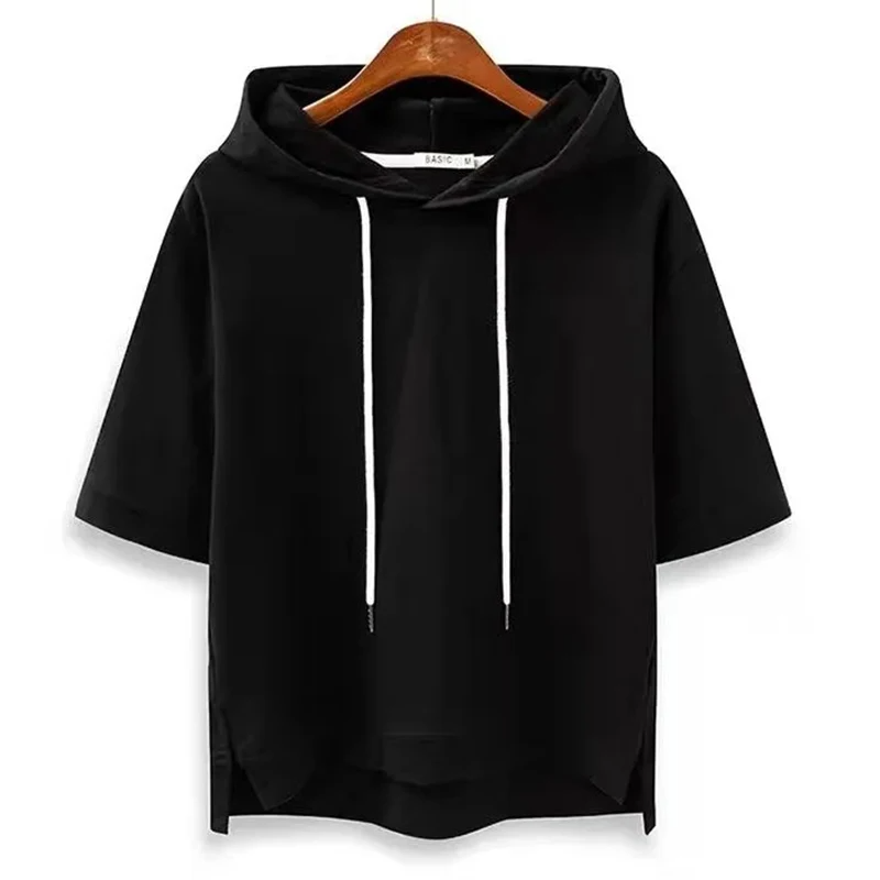 Stylish women's short-sleeve hoodie with a relaxed fit, great for effortless spring & summer casual outfits.