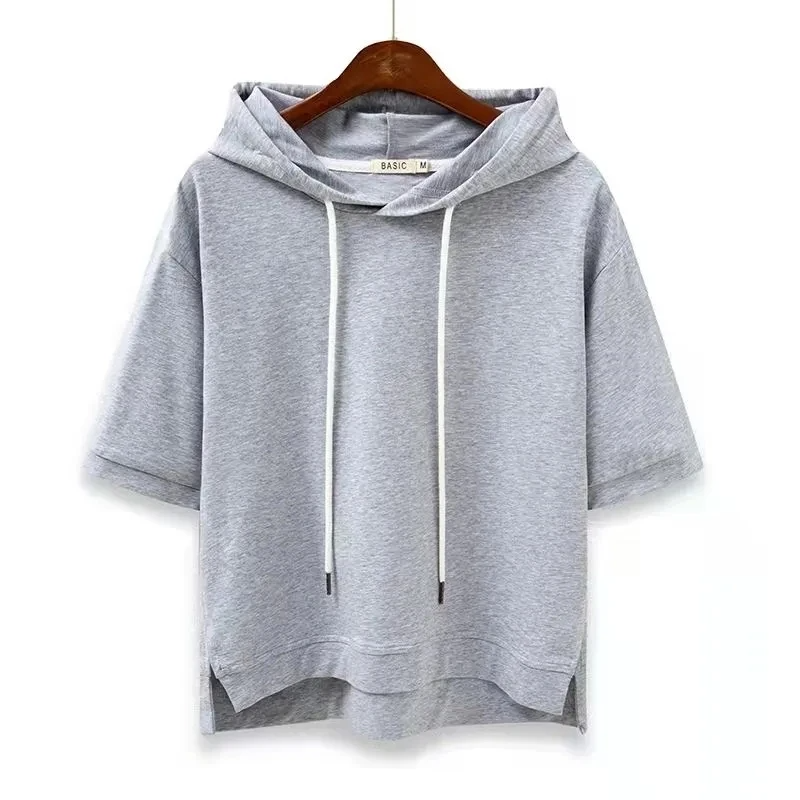 Versatile women's short-sleeve hoodie for casual wear, athleisure, or comfortable loungewear. Modern style.
